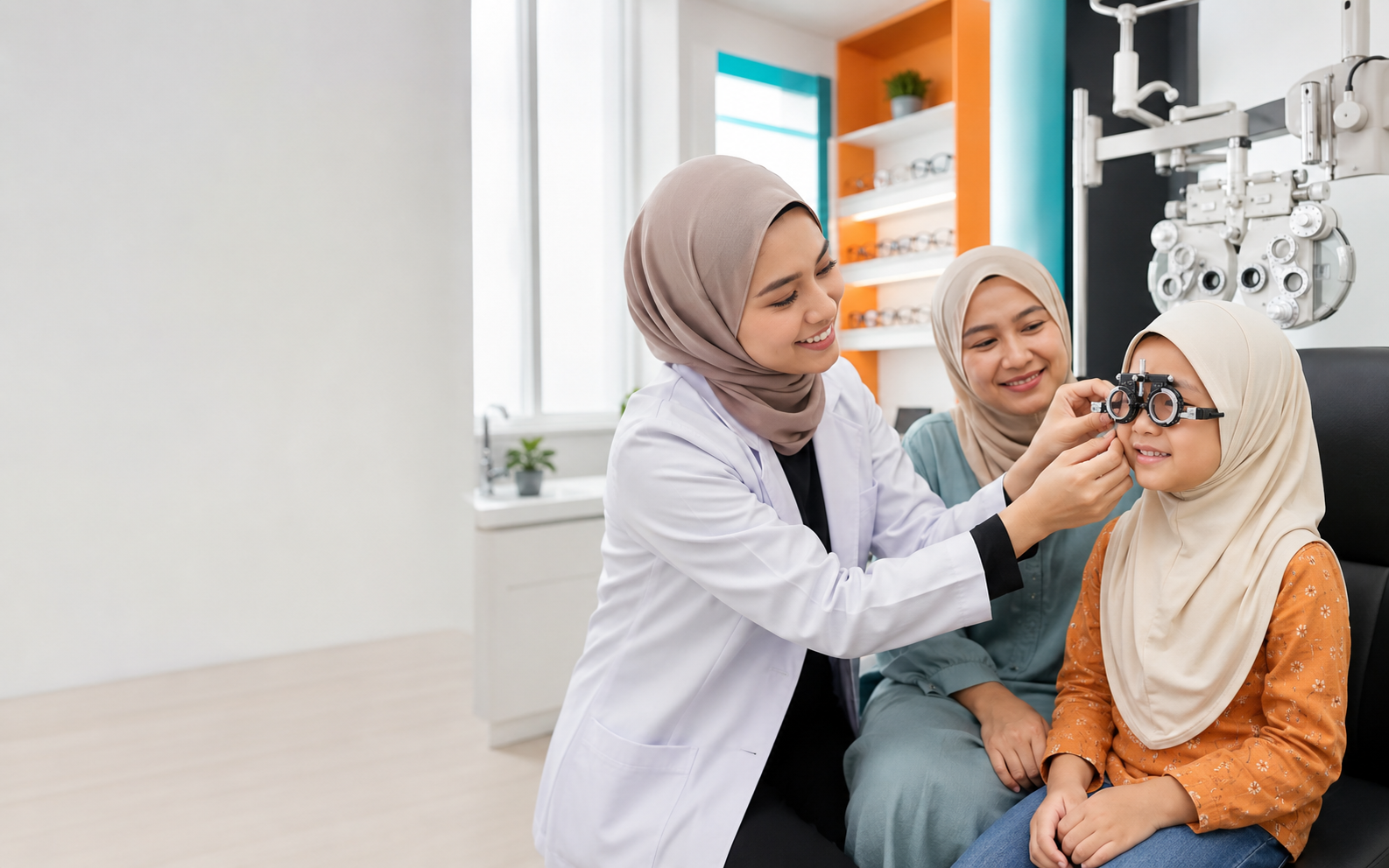Optometrist menjalankan pemeriksaan mata kanak-kanak bersama ibunya